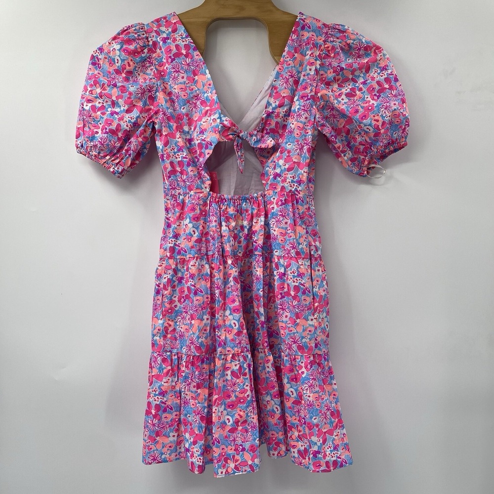 Lilly Pulitzer Nalani Dress Womens 4 Aura Pink Floral Puff Sleeve Tiered Mini - Picture 2 of 7